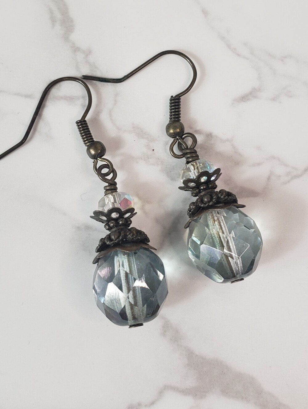 Bronze French Hook Faceted Iridescent Bead Dangle Earrings